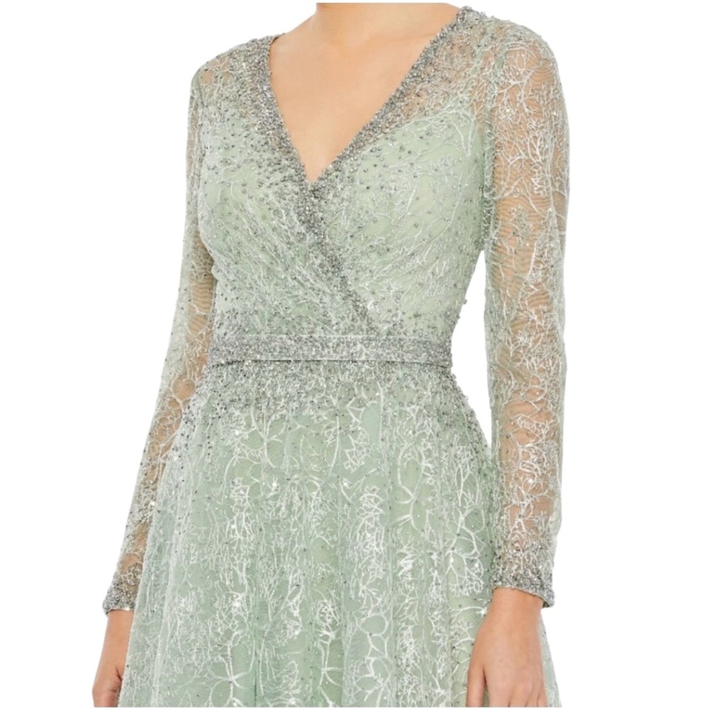 Mac Duggal 20366‎ Sage Wrap Bodice A-Line Tea Length Dress Size 6 $798 - Picture 2 of 8